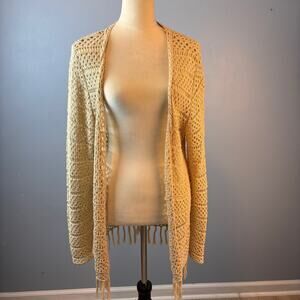 Crystal Kobe Crochet Boho Open Front Fringe Mesh Cardigan Sweater XL